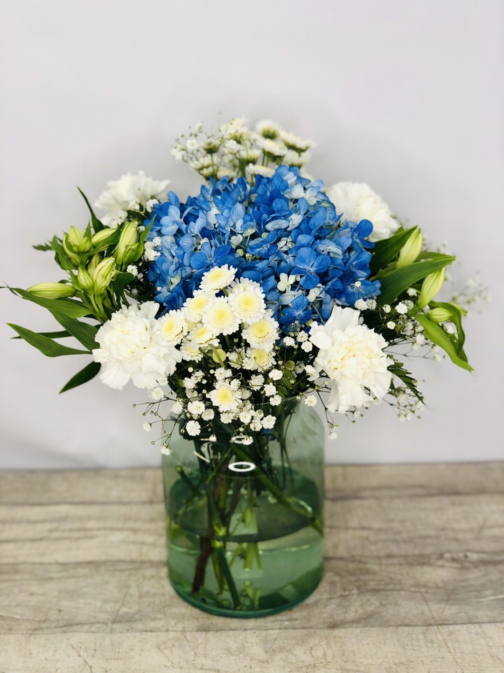 Blue Pop Vase of Pretty Flowers